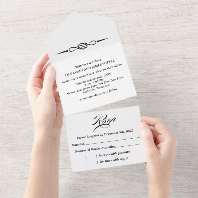 Invitación Todo En Uno Boda de Flecha de Nudo Celta Blanco y Negro (desgarro)