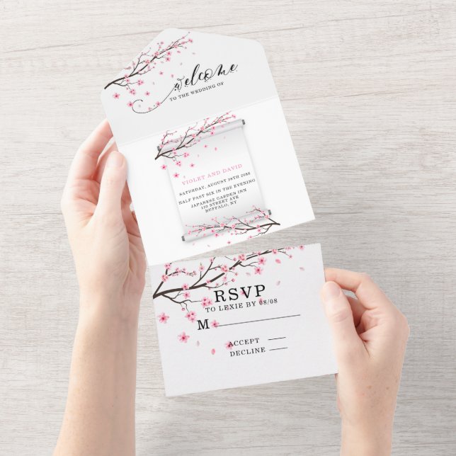Invitación Todo En Uno Boda de Flor de Cerezo en Desplazamiento Japonés (desgarro)