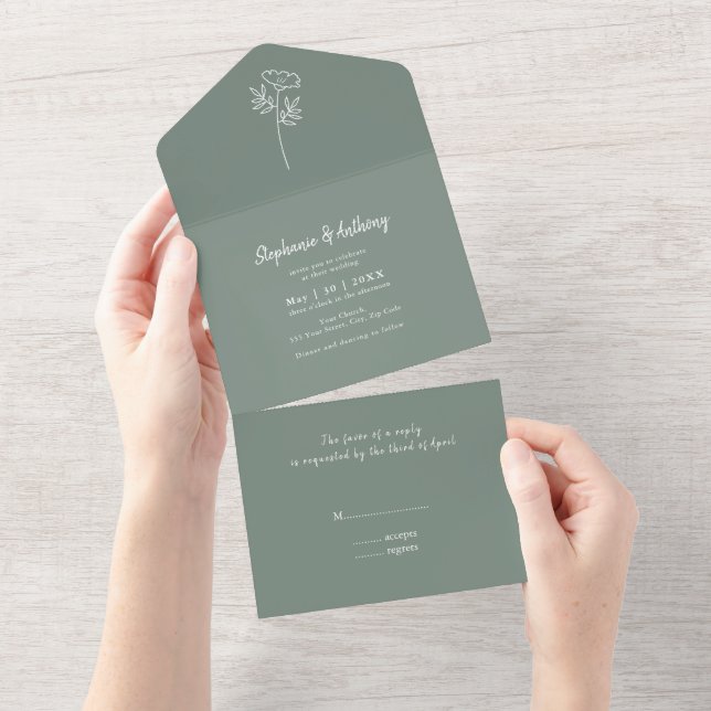 Invitación Todo En Uno Boda de Flor Silvestre Sage Green (desgarro)