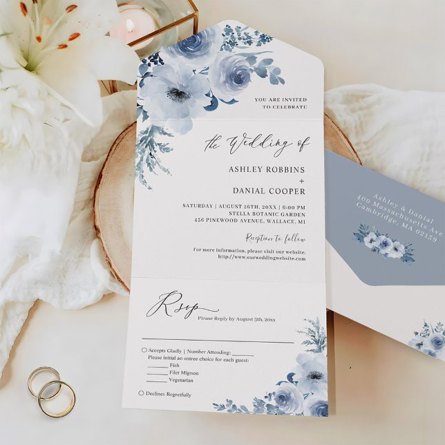 Invitación Todo En Uno Boda de Floral Azul Dusty Bohemia (Subido por el creador)