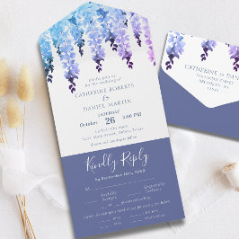 Invitación Todo En Uno Boda de Floral azul púrpura de color de agua elega