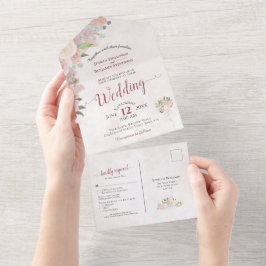 Invitación Todo En Uno Boda de floral de color acuático con un Rosa agita
