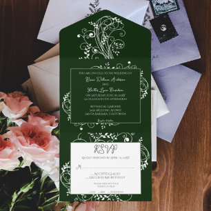 Invitación Todo En Uno Boda de Florecimiento Verde Esmeralda