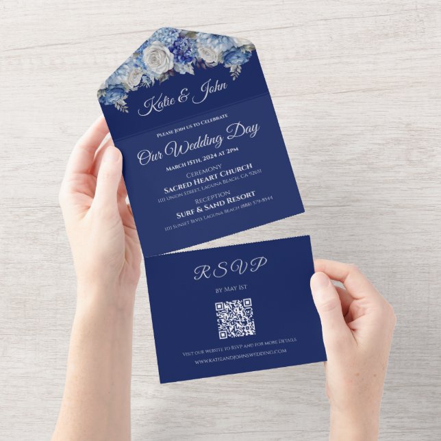 Invitación Todo En Uno Boda de flores azul acuarela - (desgarro)