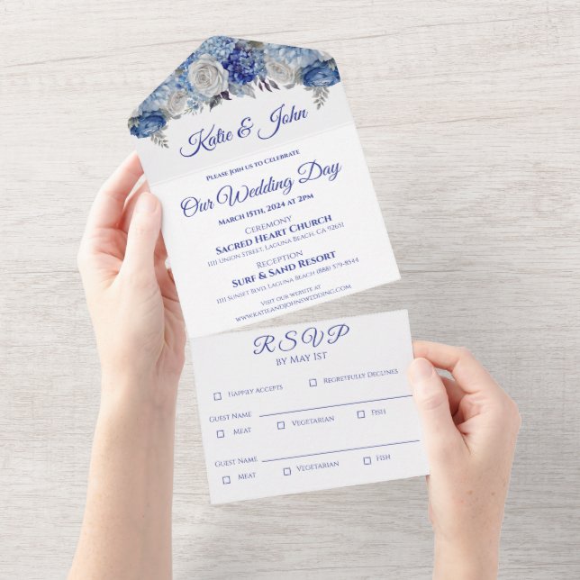 Invitación Todo En Uno Boda de flores azul acuarela - (desgarro)