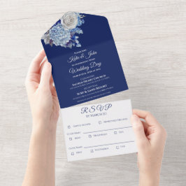 Invitación Todo En Uno Boda de flores azul acuarela -