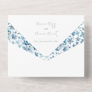 Invitación Todo En Uno Boda de flores azules pequeñas