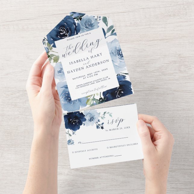 Invitación Todo En Uno Boda de Flores Azules Polvorientas de Marina y Luz (desgarro)
