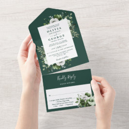 Invitación Todo En Uno Boda de flores botánicas modernas verde esmeralda