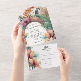 Invitación Todo En Uno Boda de Flores Botánicas Tropicales de Acuarela