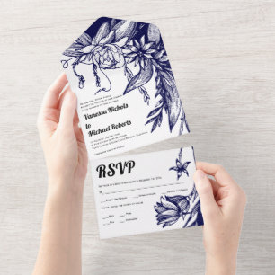 Invitación Todo En Uno Boda de flores de arte de la línea azul de la mari