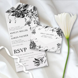 Invitación Todo En Uno Boda de flores de arte de línea blanca y negra