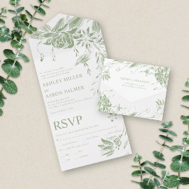 Invitación Todo En Uno Boda de flores de arte de línea blanca y verde sab