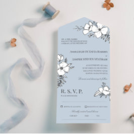 Invitación Todo En Uno Boda de flores de Bonito azul y blanco Dove