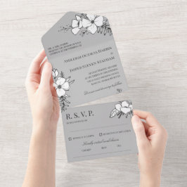 Invitación Todo En Uno Boda de flores de Bonito gris y blanco