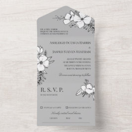 Invitación Todo En Uno Boda de flores de Bonito gris y blanco