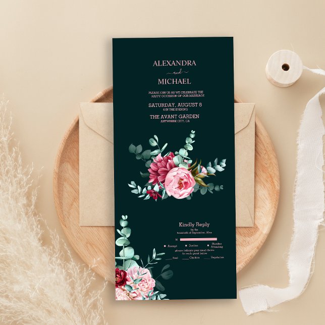 Invitación Todo En Uno Boda de Flores de Borgoña Verde Esmeralda Acuarela (Subido por el creador)