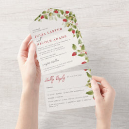 Invitación Todo En Uno Boda de flores de fresa silvestres de dulce rojo