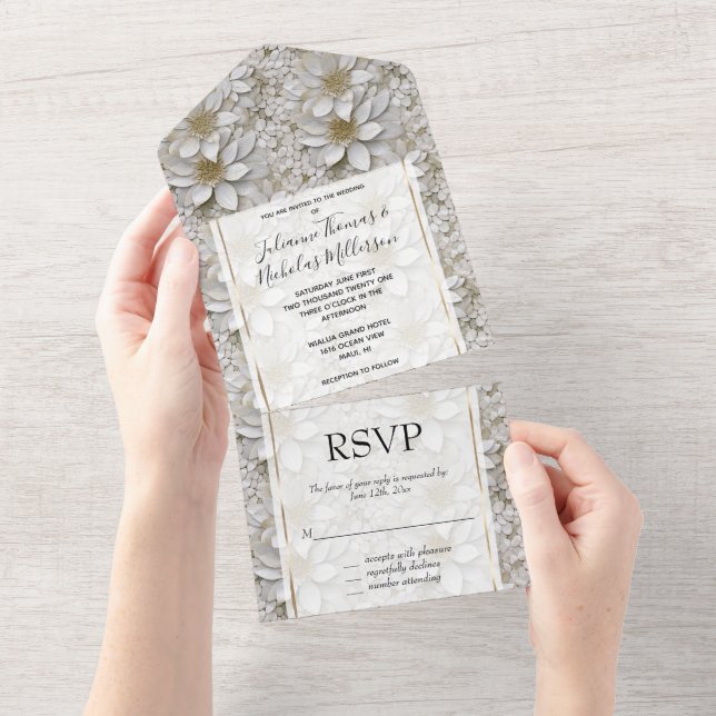 Invitación Todo En Uno Boda de flores de Lotus blanco de oro (desgarro)
