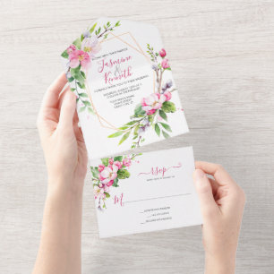 Invitación Todo En Uno Boda de flores de manzana rosa y blanca