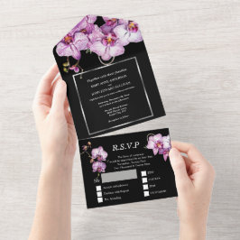 Invitación Todo En Uno Boda de flores de moda de orquídeas negras de lujo