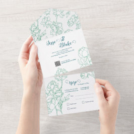 Invitación Todo En Uno Boda de flores de peones de mano verde