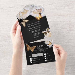 Invitación Todo En Uno Boda de flores de peones de oro blanco negro