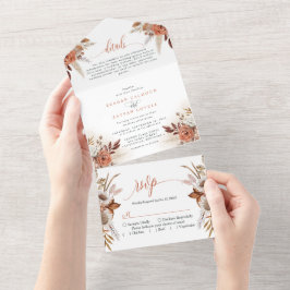 Invitación Todo En Uno Boda de flores de terracota rústica y hierba de pa