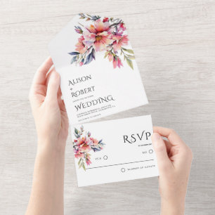 Invitación Todo En Uno Boda de flores elegantes de color rosa melocotón d
