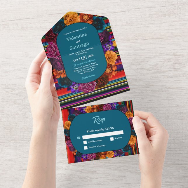 Invitación Todo En Uno Boda de flores mexicanas modernas (desgarro)