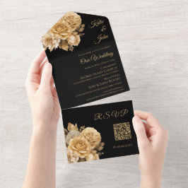 Invitación Todo En Uno Boda de flores neutras código QR -