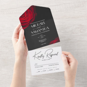 Invitación Todo En Uno Boda de flores pétalas rojas de escarlata vintage