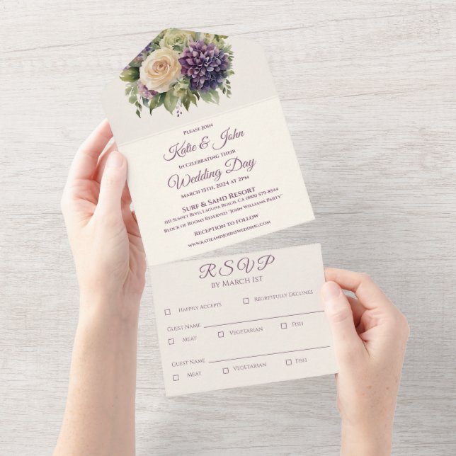 Invitación Todo En Uno Boda de flores púrpura acuarela - (desgarro)