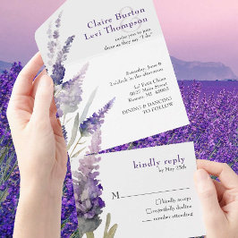 Invitación Todo En Uno Boda de flores púrpuras botánicas de lavanda