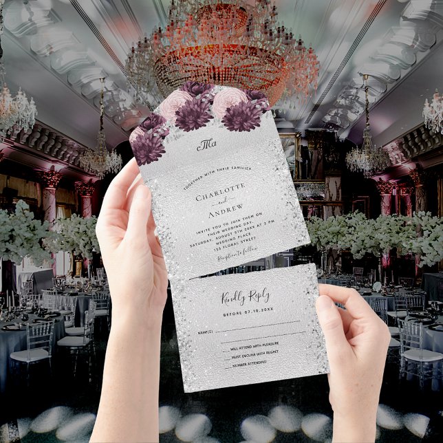 Invitación Todo En Uno Boda de flores rosa burdeos de plata RSVP (Subido por el creador)