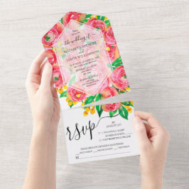 Invitación Todo En Uno Boda de Flores Rosa Completas