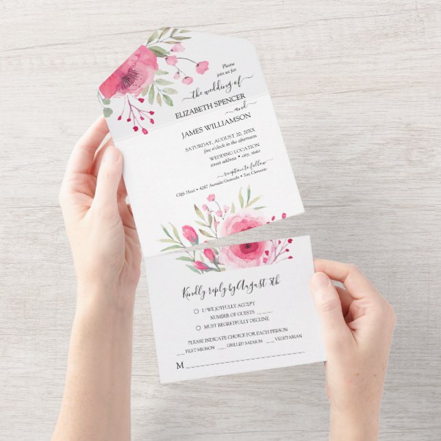 Invitación Todo En Uno Boda de flores rosadas acuarelas (desgarro)