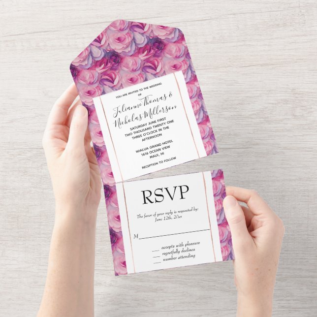 Invitación Todo En Uno Boda de flores rosadas bonitos (desgarro)