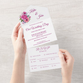 Invitación Todo En Uno Boda de flores rosadas de color de agua -