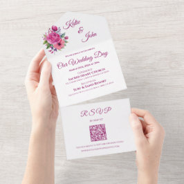 Invitación Todo En Uno Boda de flores rosadas de color de agua -