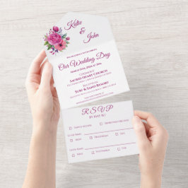 Invitación Todo En Uno Boda de flores rosadas de color de agua -