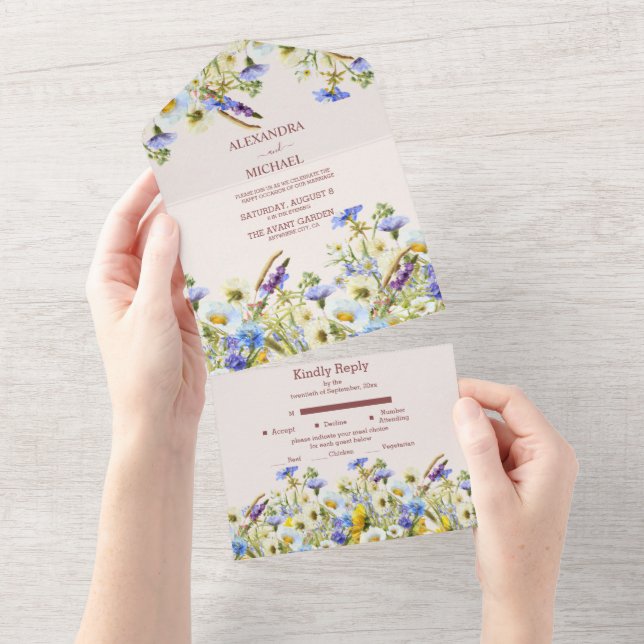 Invitación Todo En Uno Boda de flores silvestres acuarela boho neutral (desgarro)
