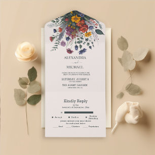 Invitación Todo En Uno Boda de flores silvestres acuarela colorido bohemi