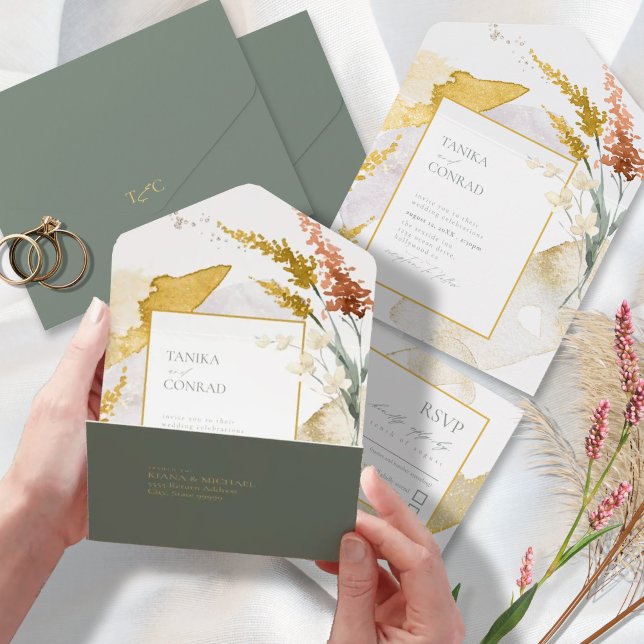 Invitación Todo En Uno Boda de flores silvestres acuarela Gold ID954 (Subido por el creador)