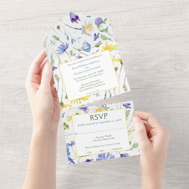 Invitación Todo En Uno Boda de flores silvestres acuarelas (desgarro)