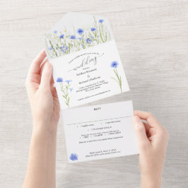 Invitación Todo En Uno Boda de flores silvestres azules Eco Paper Saving