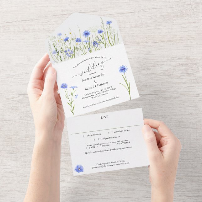 Invitación Todo En Uno Boda de flores silvestres azules Eco Paper Saving (desgarro)