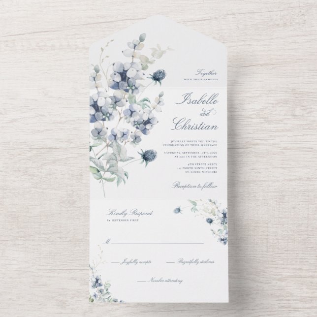 Invitación Todo En Uno Boda de flores silvestres azules polvorientos con  (Interior)