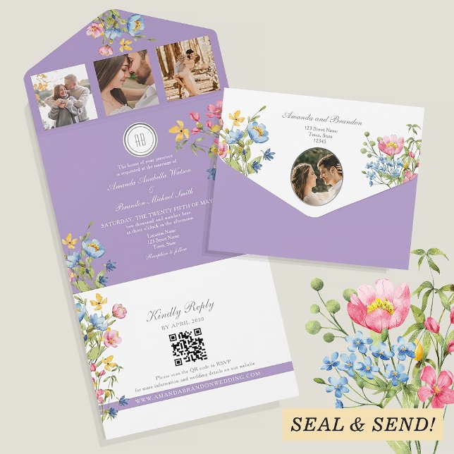 Invitación Todo En Uno Boda de flores silvestres boho púrpura (Subido por el creador)