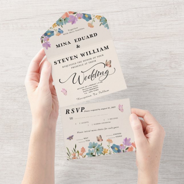 Invitación Todo En Uno Boda de flores silvestres botánicas rústicas Boho (desgarro)